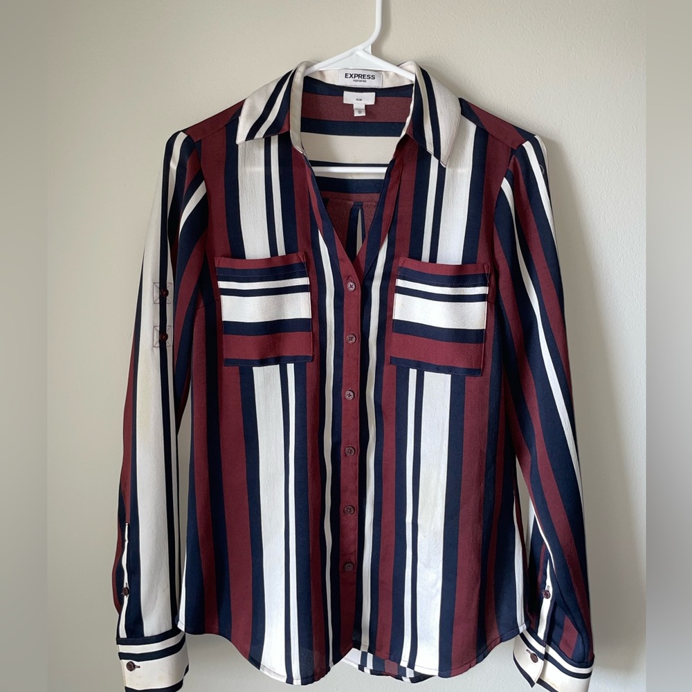 Red White and Blue Stripped Satin Button down Shirt